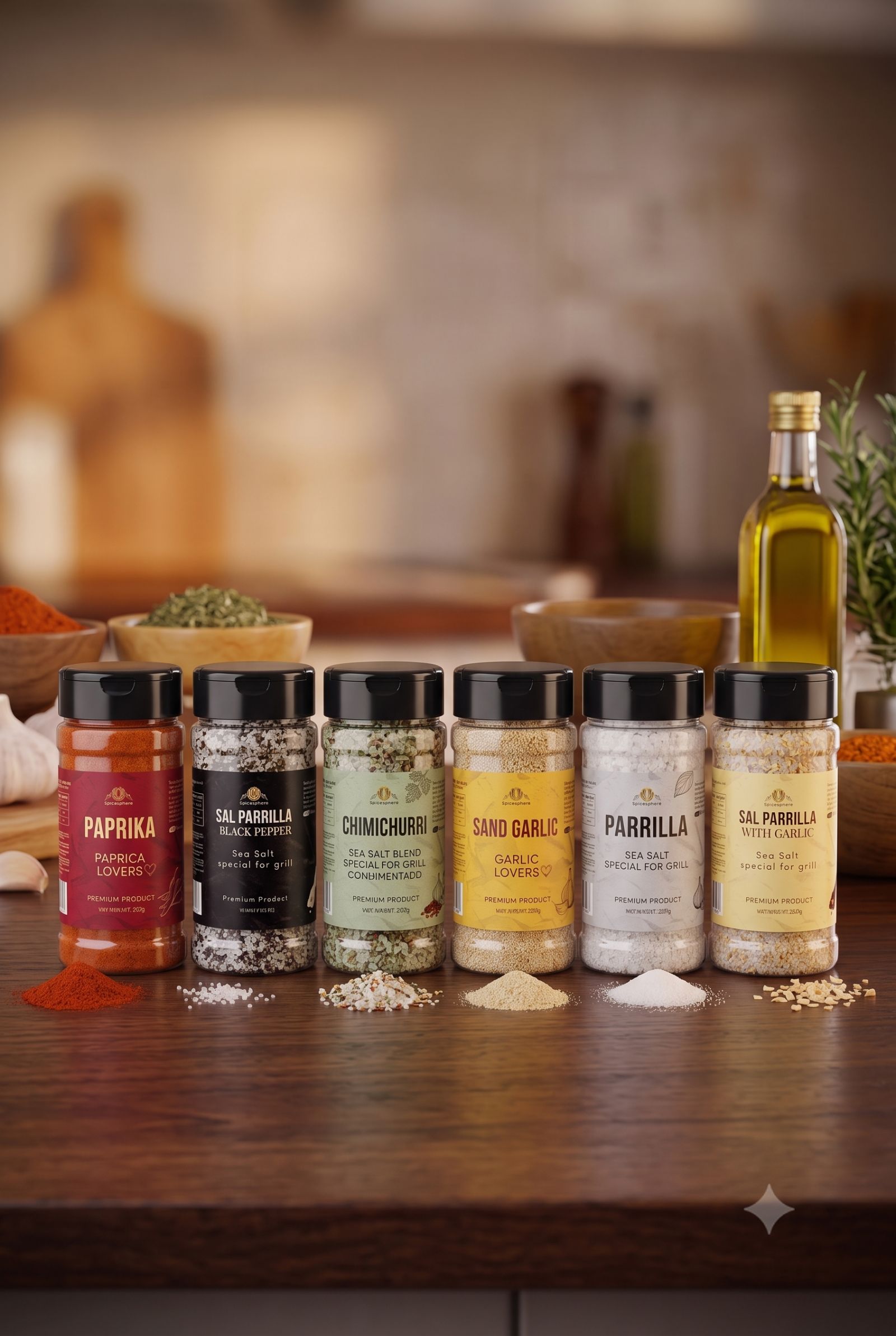 The full Spice Sphere range — parrilla salts, sand garlic and paprika pouches